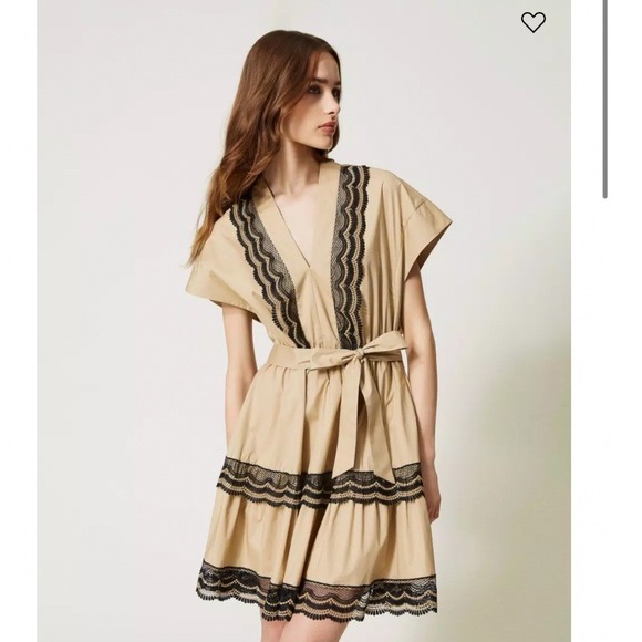 Twinset Dresses & Skirts - Twinset Milano Lace Trim V-Neck Short Sleeve Dress Women's IT 46 Beige Boho Chic